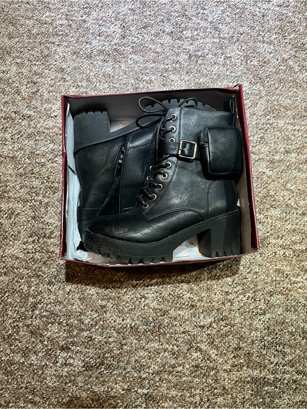 Women’s Black Lug-Heel Combat Boots with Side Pouch